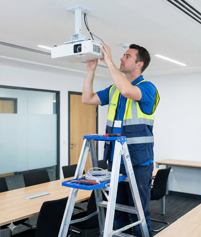 Audio Video Installation in Hyderabad - men installing Projector